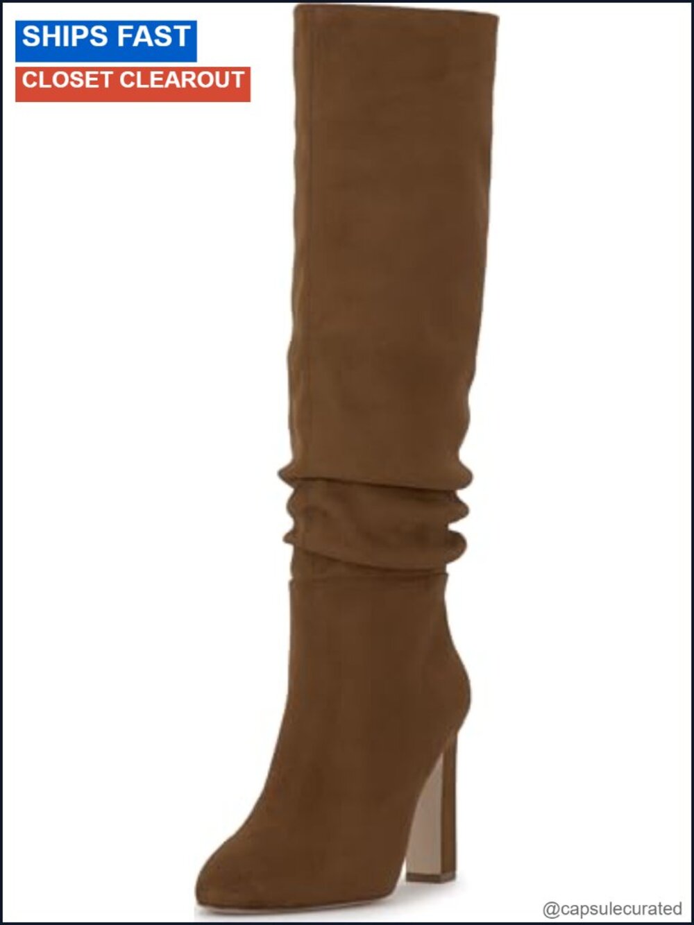 Knee High Slouch Boots Almond Toe Block Heel Pull-On Faux Leather